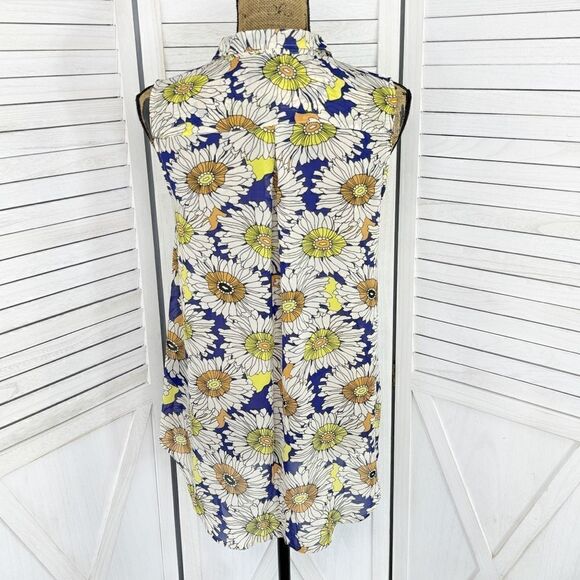 H&M Floral Chiffon Sleeveless Button Front Tunic Shirt Blue Cream Size 6 - Picture 3 of 10